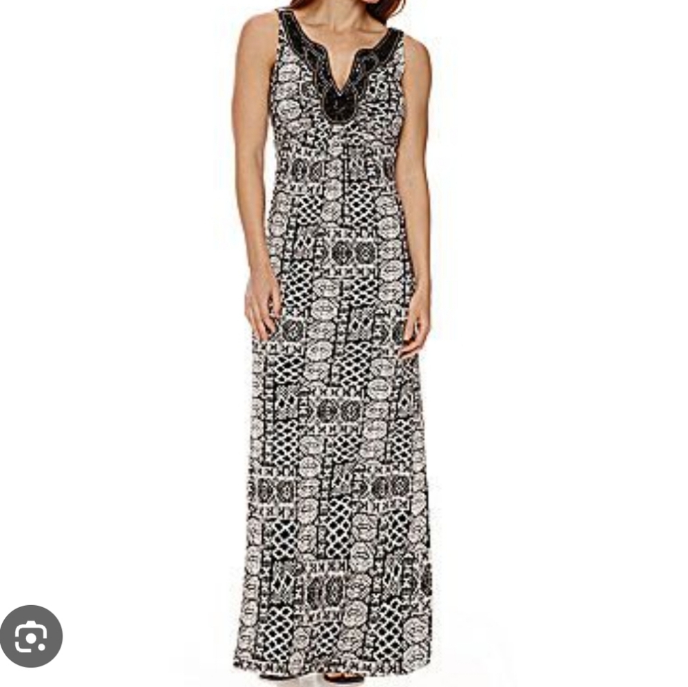 Rn Studio By Ronni Nicole Black White‎ Maxi Sleeveless Dress Beaded Size Small